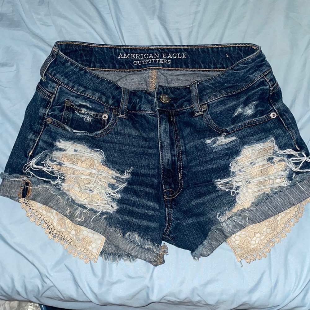 American Eagle Outfitters Dark Blue Distressed Denim Shorts with Cream Lace